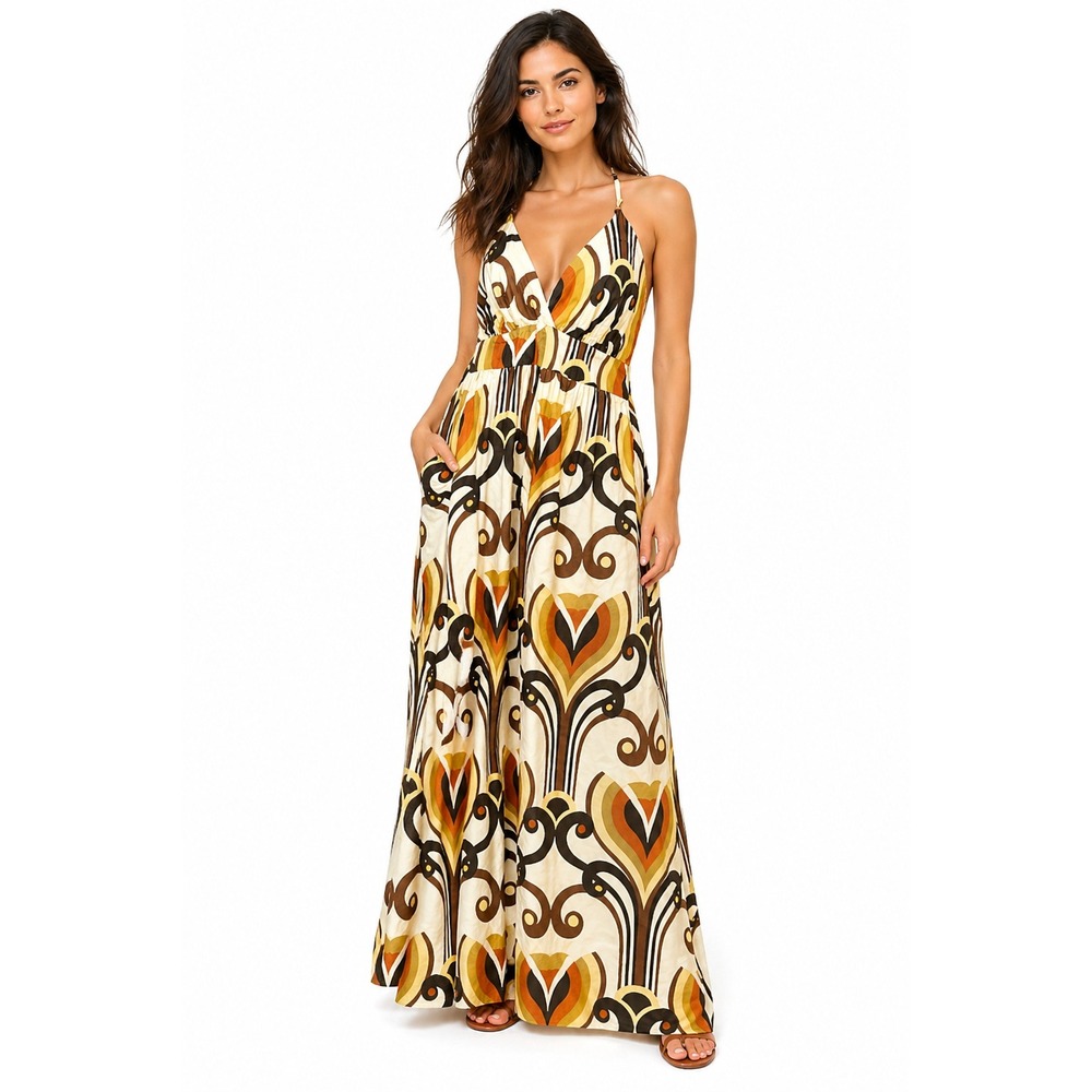 Eyeshadow Cream and Brown Patterned Maxi Dress 16